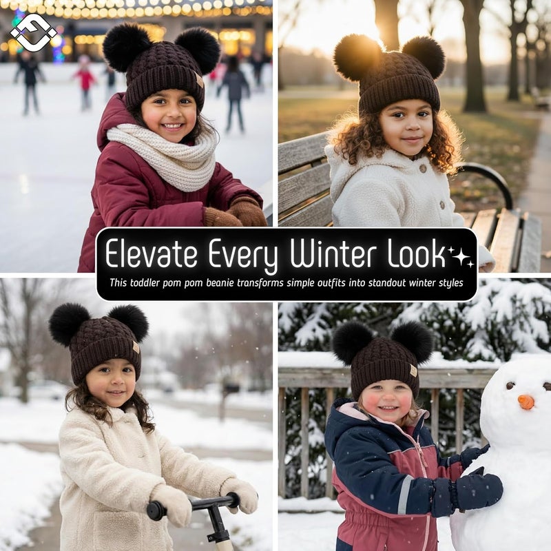 Funky Junque Toddler Double Pom Pom Beanie – Warm Knit Winter Hat for Girls Ages 1–6, Soft Kids Poms Beanies for Cold Weather - Image 5